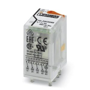 Industrijski utični relej s power kontaktima, 4 PDT, test gumb, LED indikator, mehanički indikator položaja, ulazni napon: 230 V AC. REL-IR4/L-230AC/4X21